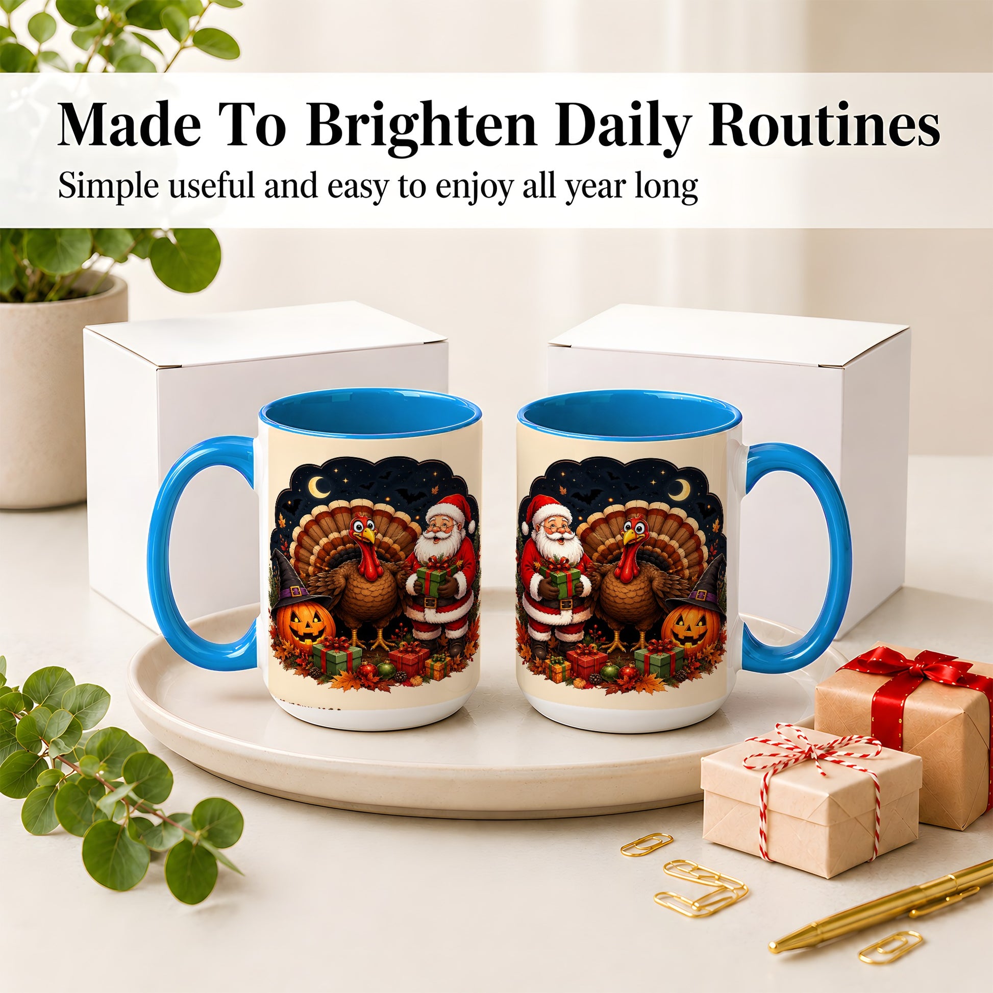 #pl[15oz|Blue] Turkey Santa Halloween Ceramic Mug, Night Holiday Seasonal Art