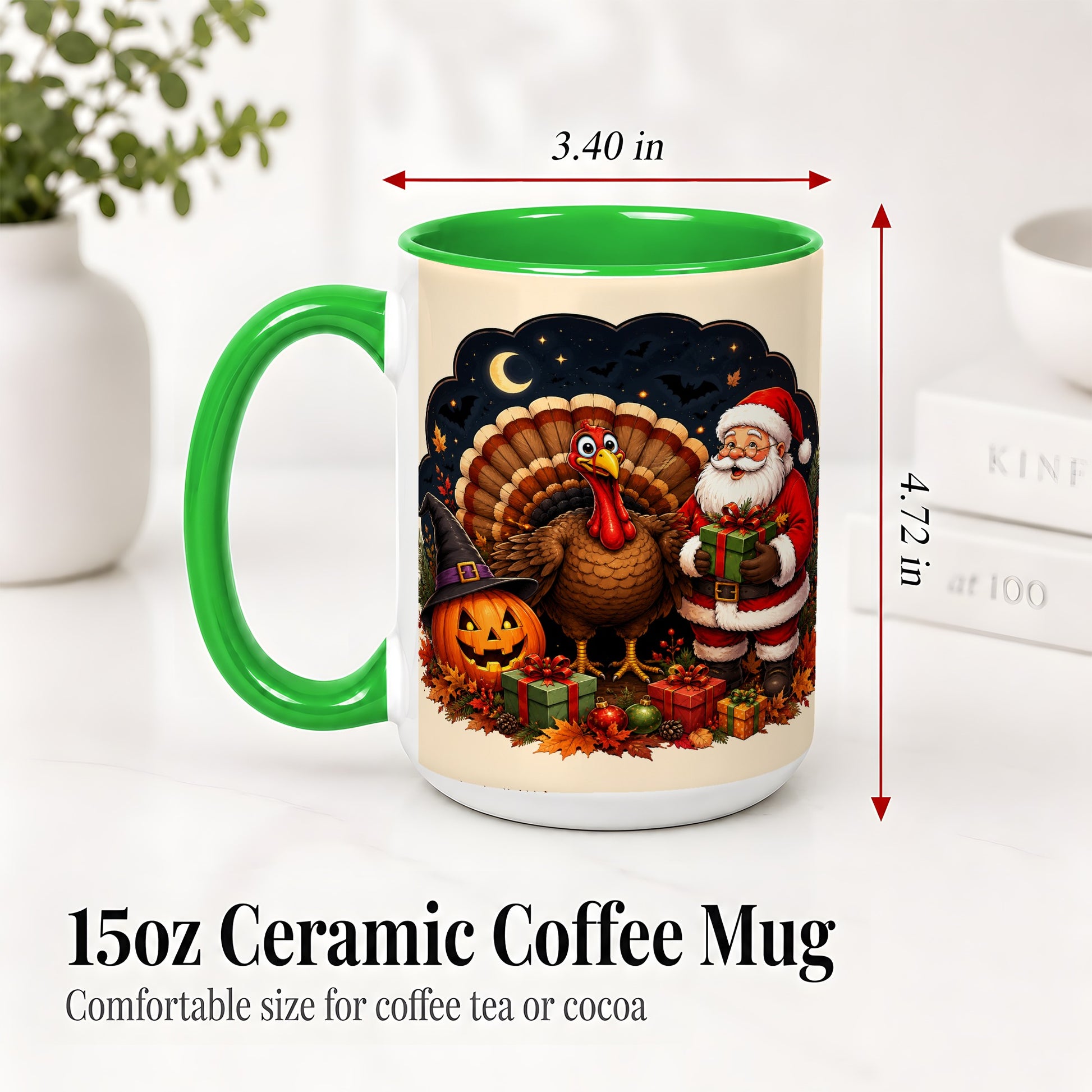 #pl[15oz|Green] Turkey Santa Halloween Ceramic Mug, Night Holiday Seasonal Art