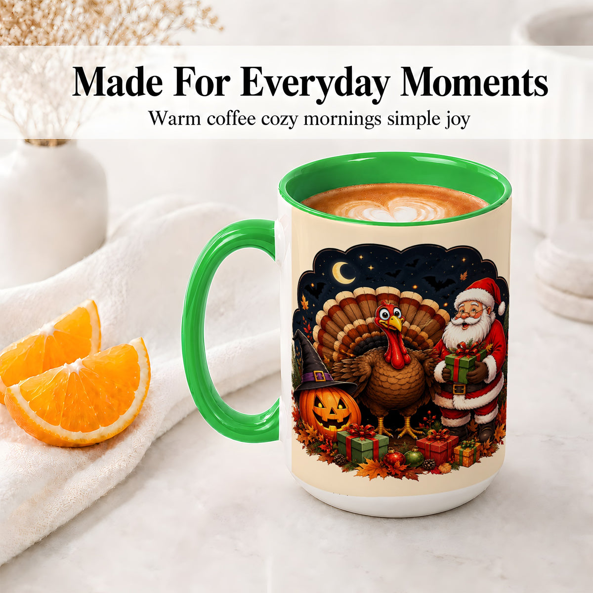 #pl[15oz|Green] Turkey Santa Halloween Ceramic Mug, Night Holiday Seasonal Art