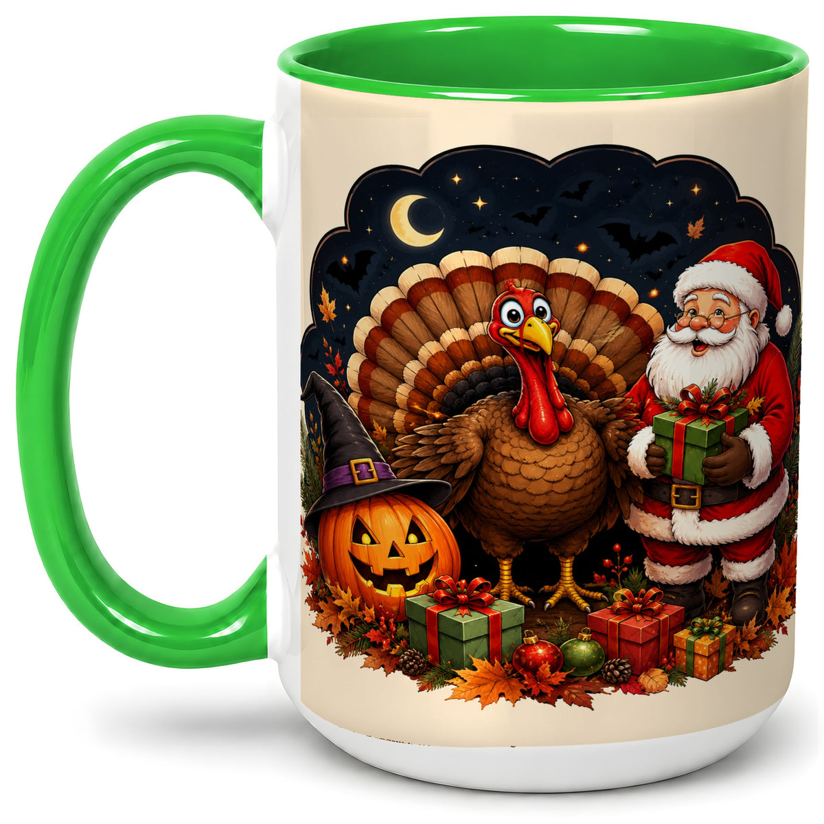 #pl[15oz|Green] Turkey Santa Halloween Ceramic Mug, Night Holiday Seasonal Art