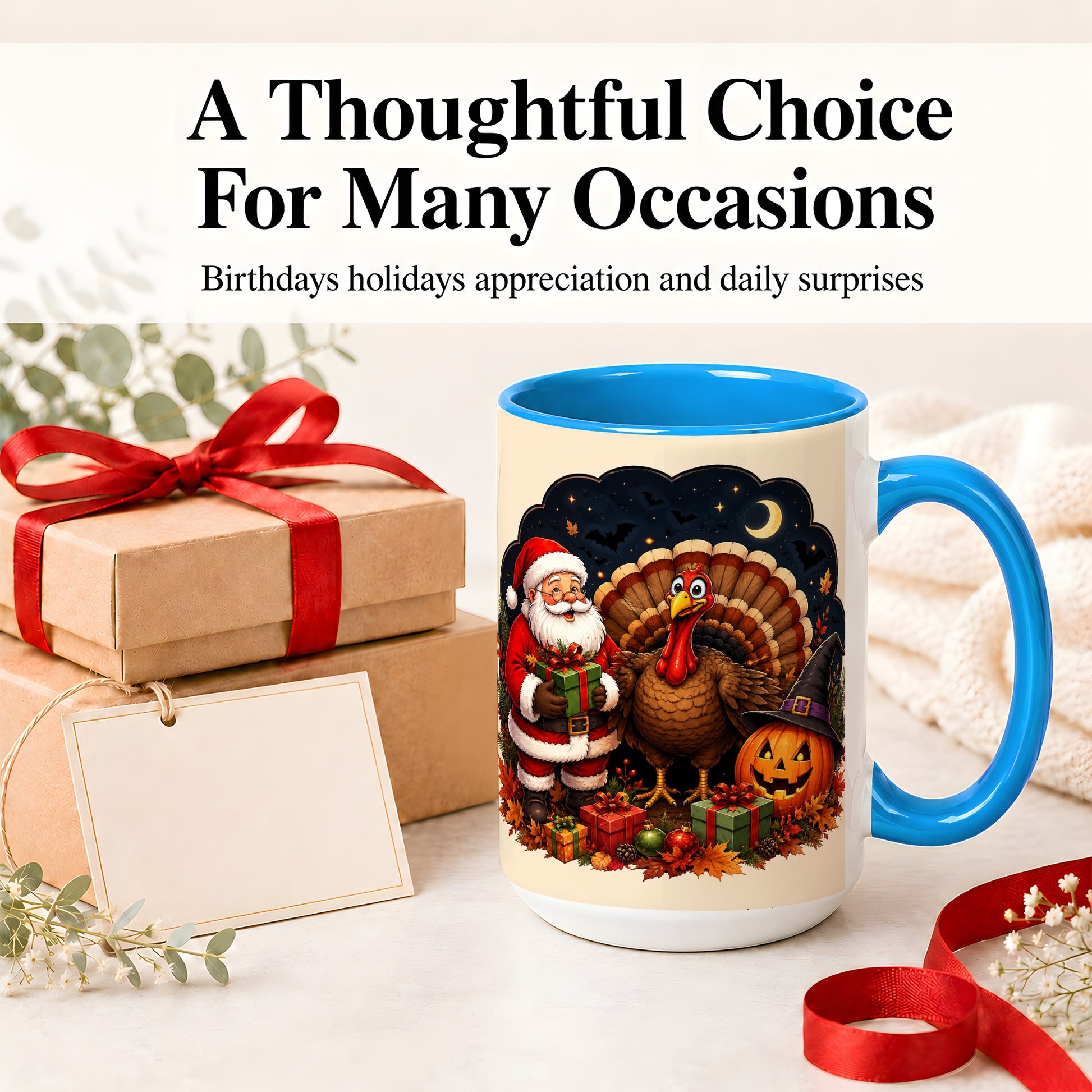 #pl[15oz|Blue] Turkey Santa Halloween Ceramic Mug, Night Holiday Seasonal Art