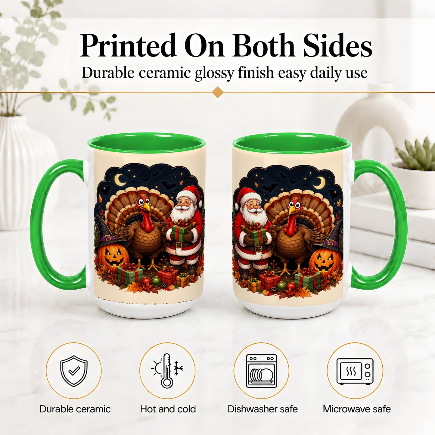 #pl[15oz|Green] Turkey Santa Halloween Ceramic Mug, Night Holiday Seasonal Art