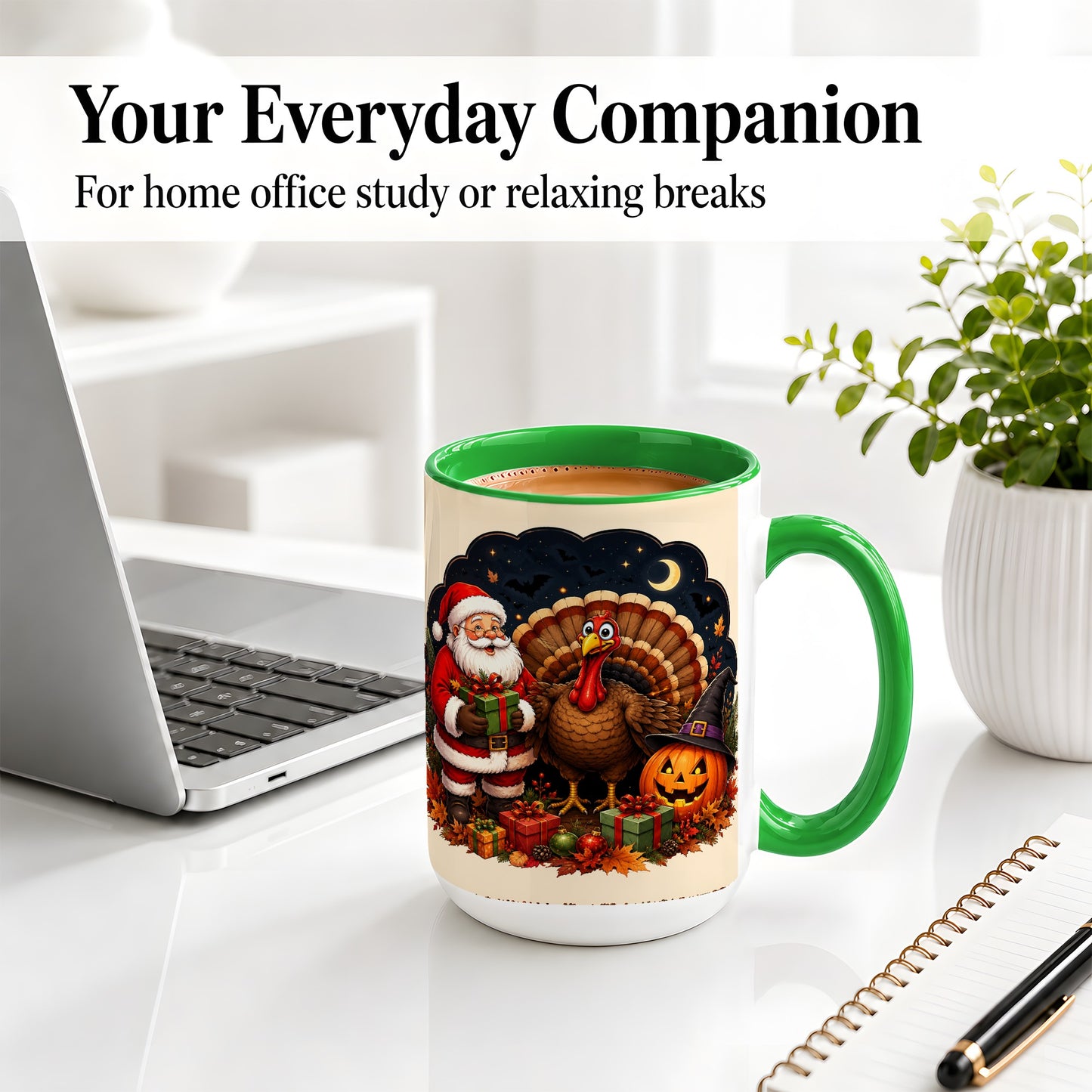 #pl[15oz|Green] Turkey Santa Halloween Ceramic Mug, Night Holiday Seasonal Art