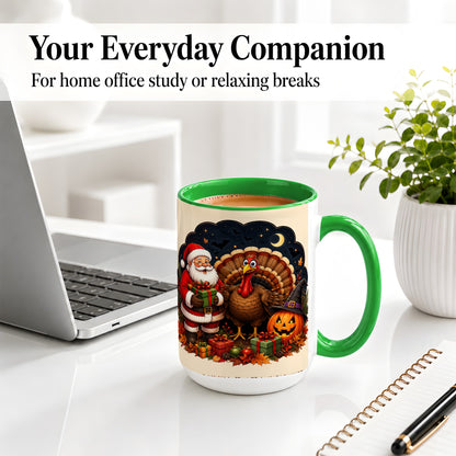 #pl[15oz|Green] Turkey Santa Halloween Ceramic Mug, Night Holiday Seasonal Art