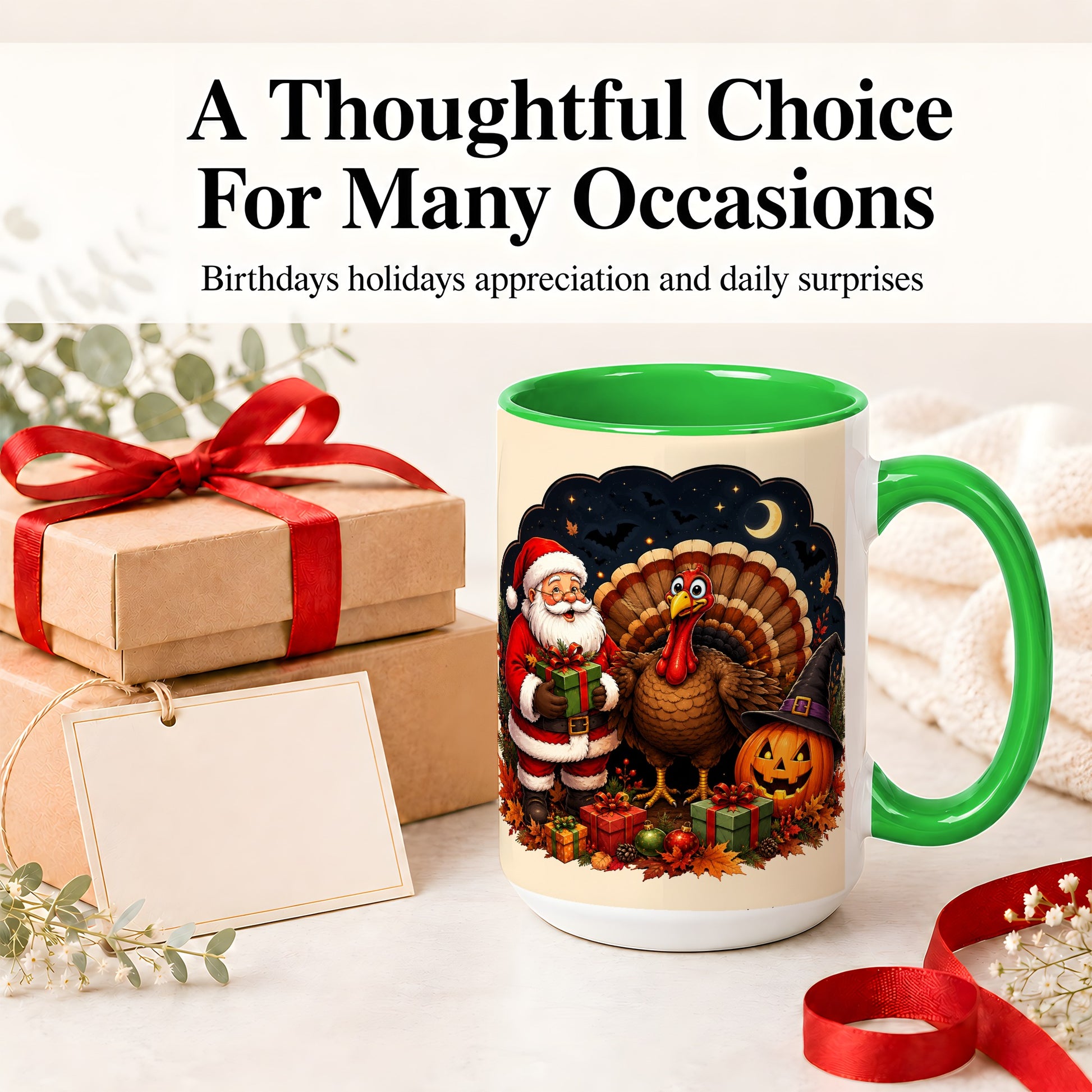 #pl[15oz|Green] Turkey Santa Halloween Ceramic Mug, Night Holiday Seasonal Art