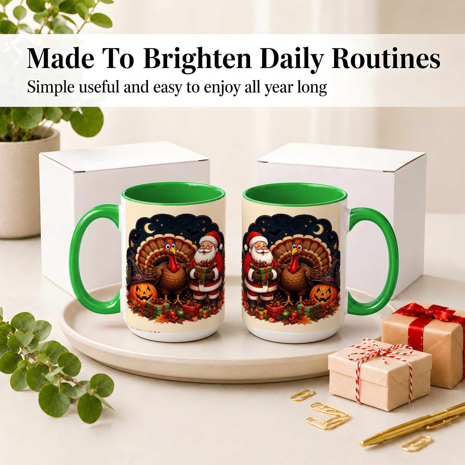 #pl[15oz|Green] Turkey Santa Halloween Ceramic Mug, Night Holiday Seasonal Art