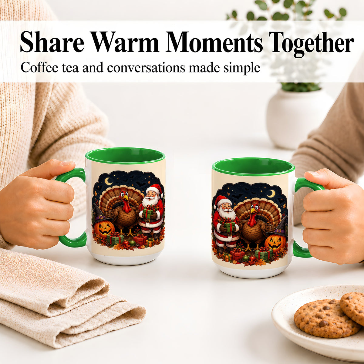 #pl[15oz|Green] Turkey Santa Halloween Ceramic Mug, Night Holiday Seasonal Art