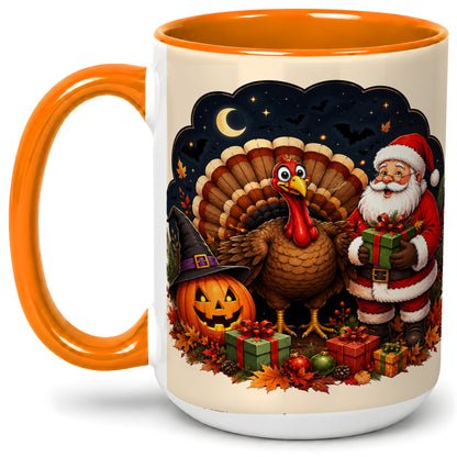 #pl[15oz|Orange] Turkey Santa Halloween Ceramic Mug, Night Holiday Seasonal Art