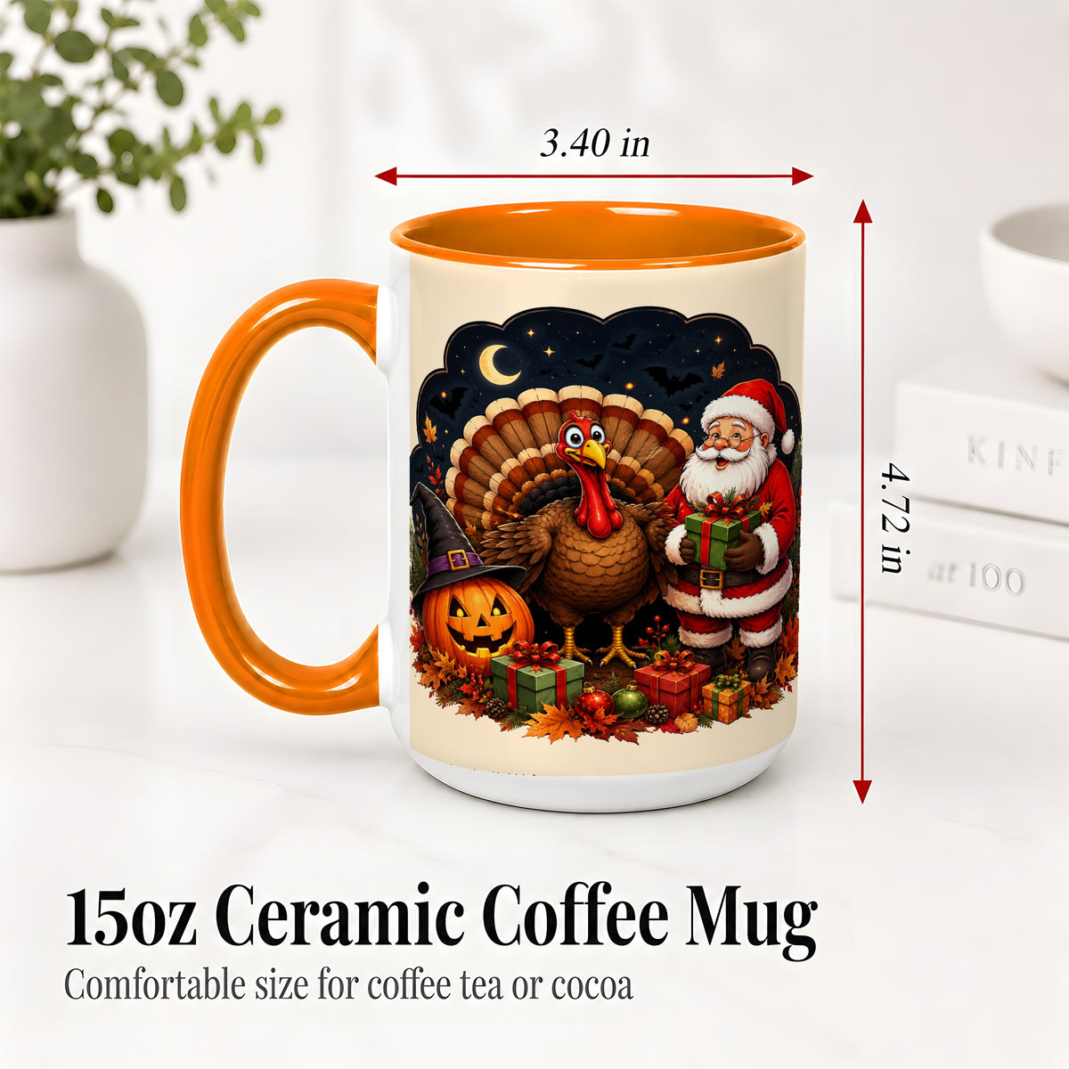 #pl[15oz|Orange] Turkey Santa Halloween Ceramic Mug, Night Holiday Seasonal Art