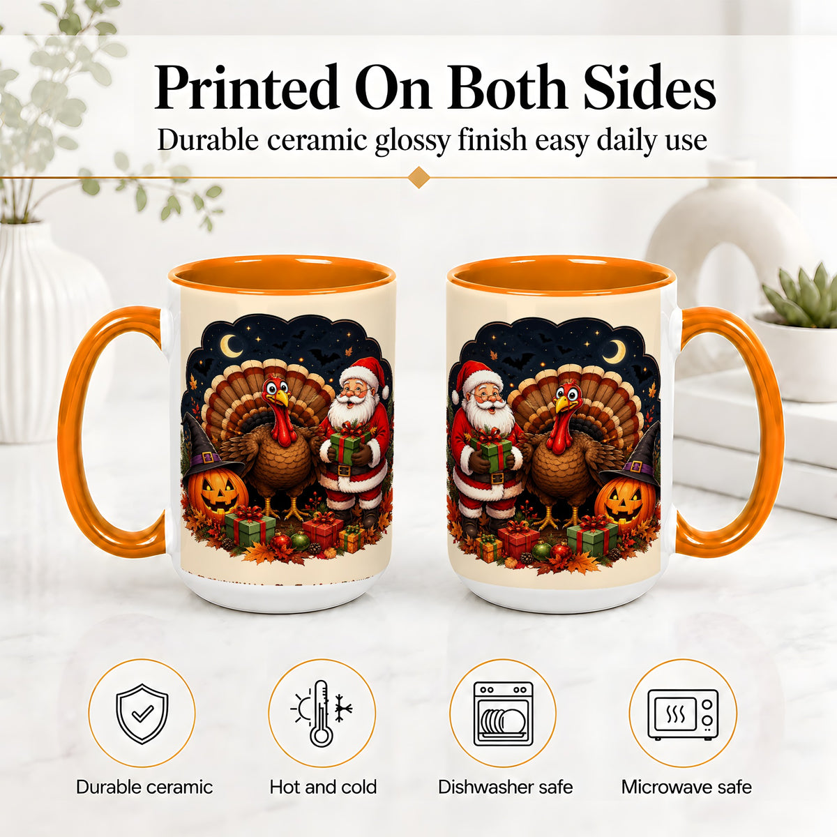 #pl[15oz|Orange] Turkey Santa Halloween Ceramic Mug, Night Holiday Seasonal Art