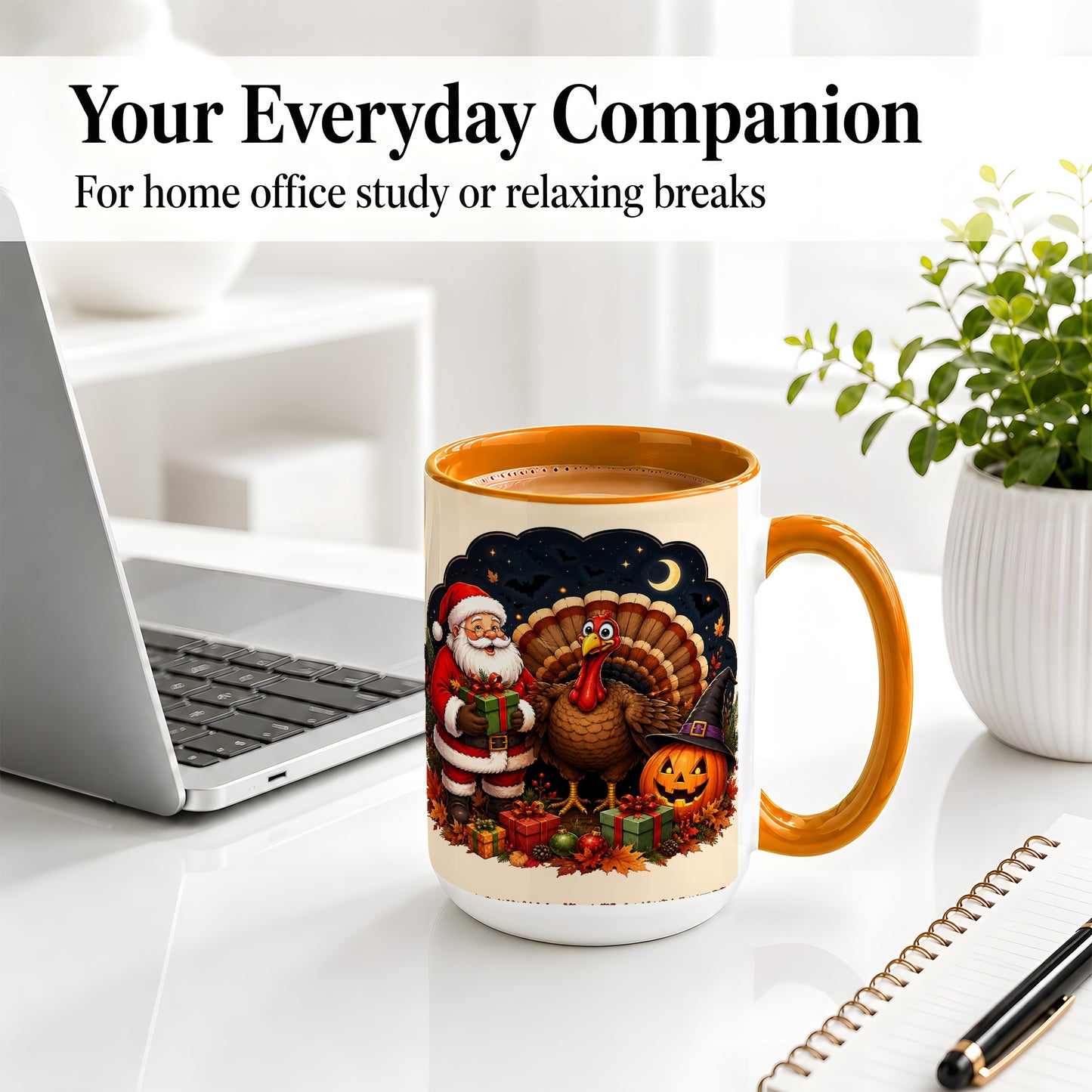#pl[15oz|Orange] Turkey Santa Halloween Ceramic Mug, Night Holiday Seasonal Art