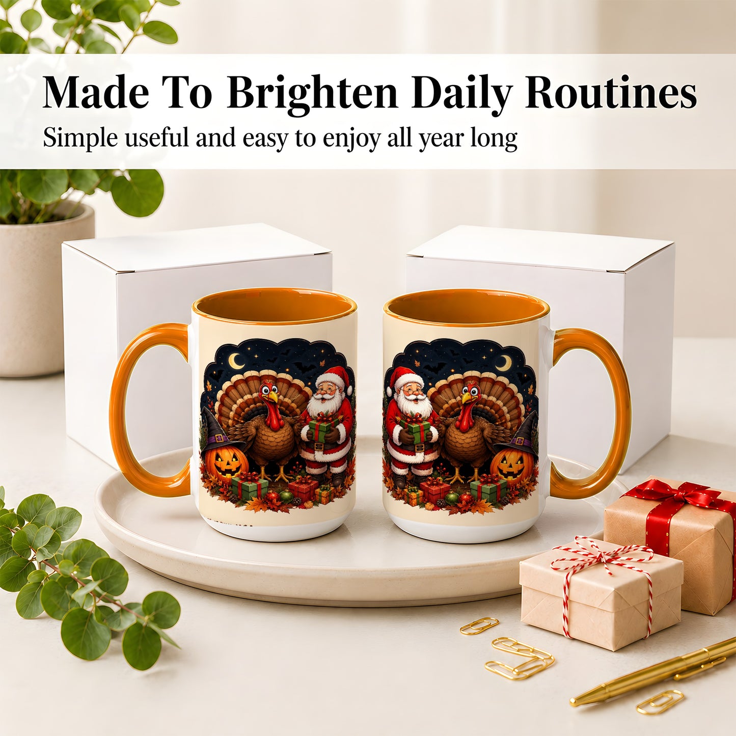 #pl[15oz|Orange] Turkey Santa Halloween Ceramic Mug, Night Holiday Seasonal Art