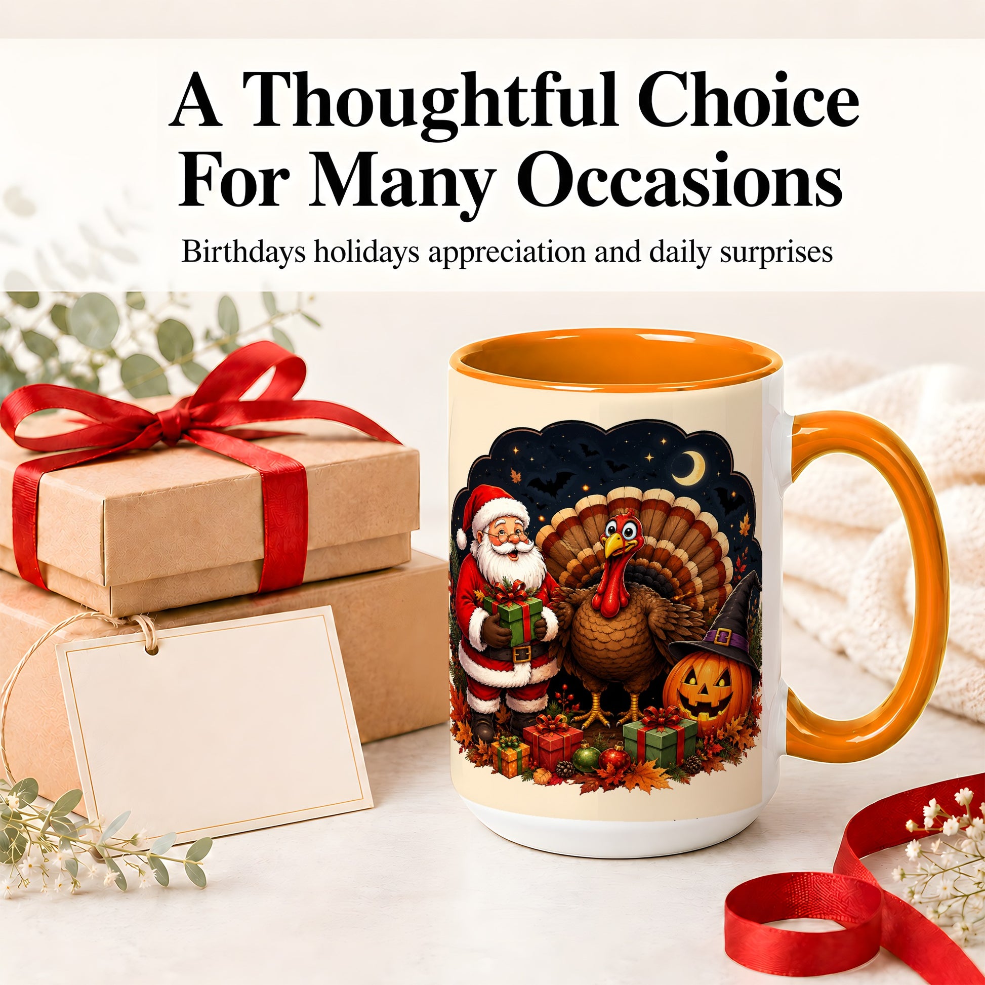#pl[15oz|Orange] Turkey Santa Halloween Ceramic Mug, Night Holiday Seasonal Art