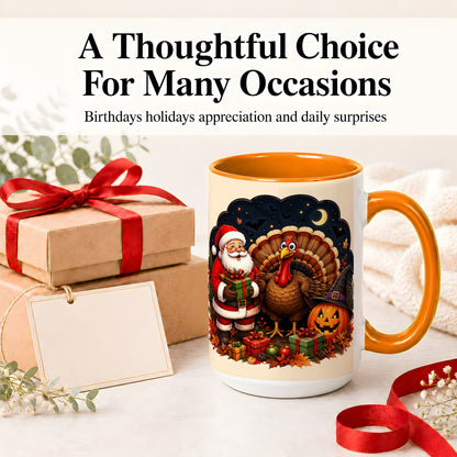 #pl[15oz|Orange] Turkey Santa Halloween Ceramic Mug, Night Holiday Seasonal Art