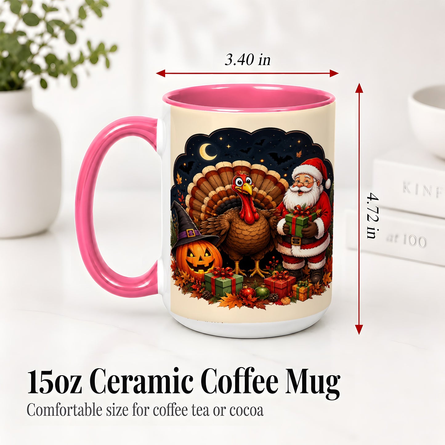 #pl[15oz|Pink] Turkey Santa Halloween Ceramic Mug, Night Holiday Seasonal Art