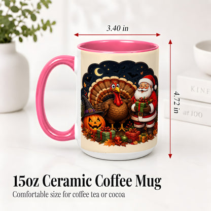 #pl[15oz|Pink] Turkey Santa Halloween Ceramic Mug, Night Holiday Seasonal Art