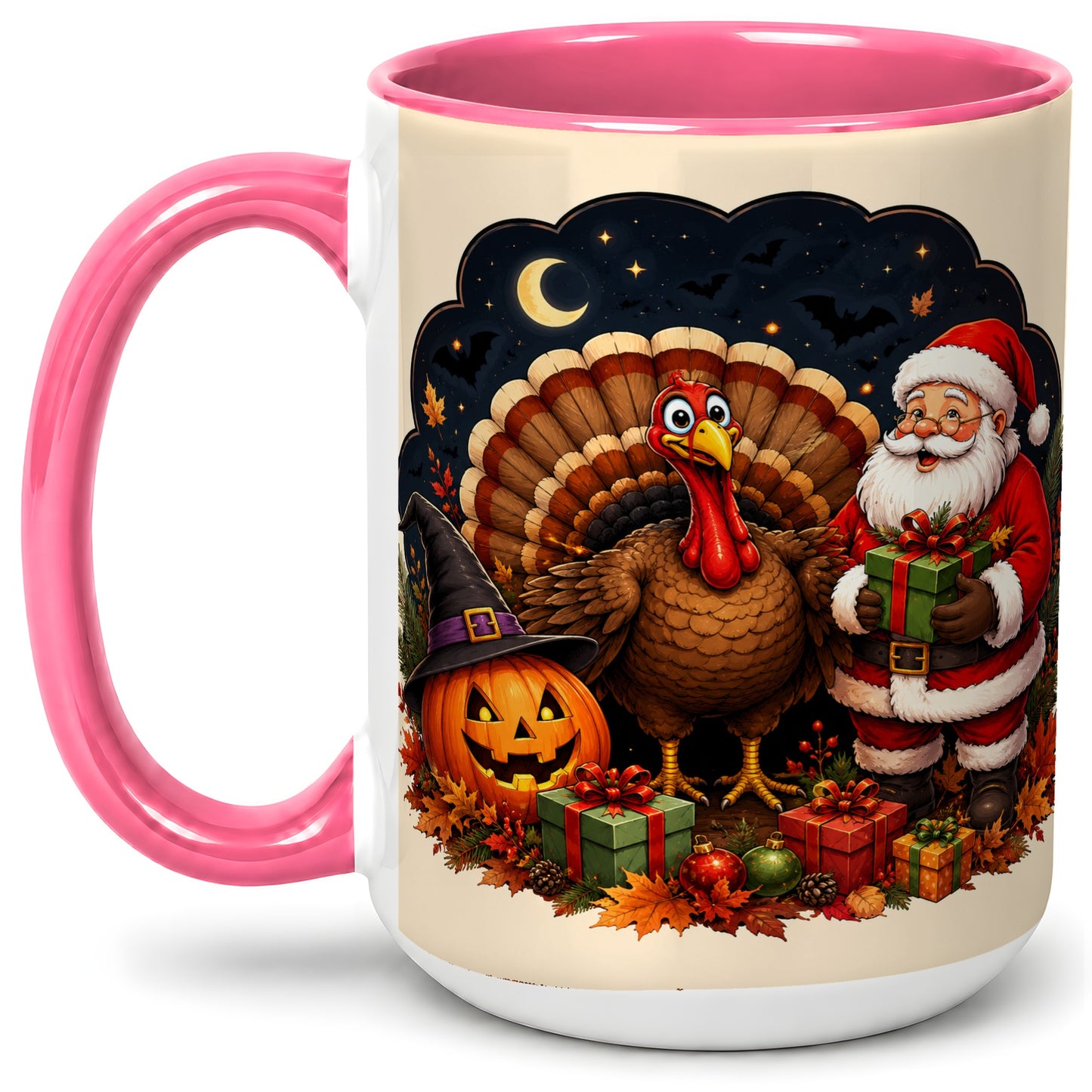 #pl[15oz|Pink] Turkey Santa Halloween Ceramic Mug, Night Holiday Seasonal Art
