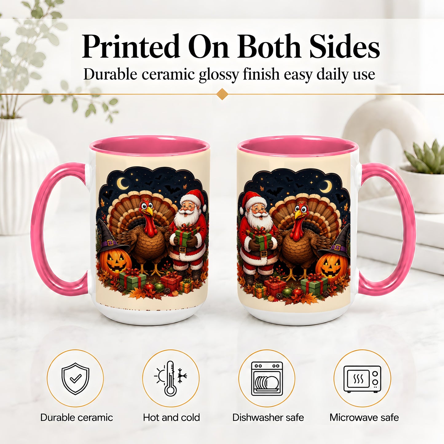 #pl[15oz|Pink] Turkey Santa Halloween Ceramic Mug, Night Holiday Seasonal Art