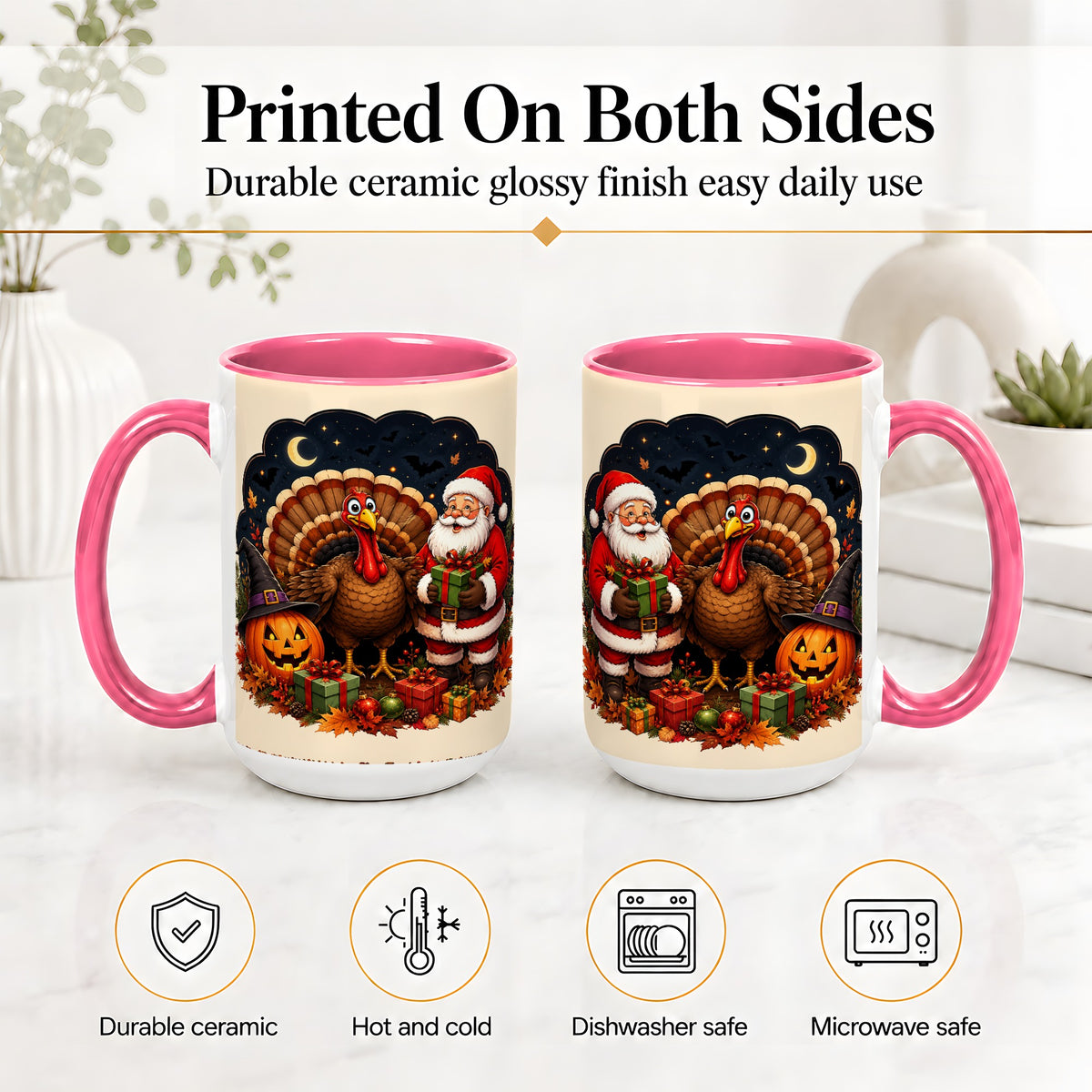 #pl[15oz|Pink] Turkey Santa Halloween Ceramic Mug, Night Holiday Seasonal Art
