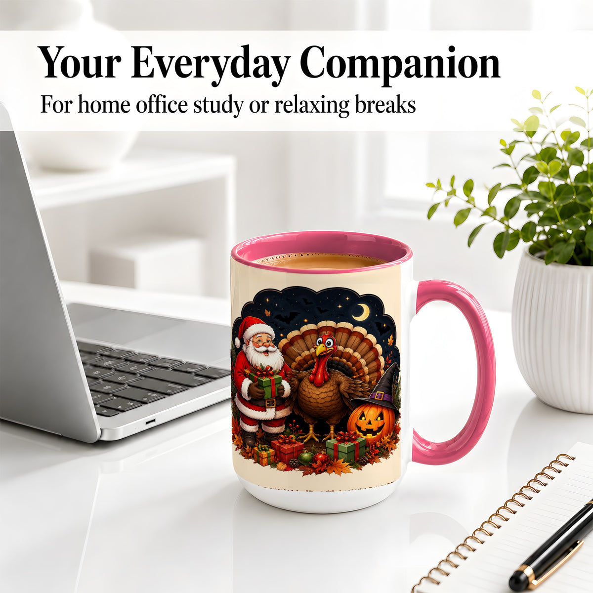 #pl[15oz|Pink] Turkey Santa Halloween Ceramic Mug, Night Holiday Seasonal Art