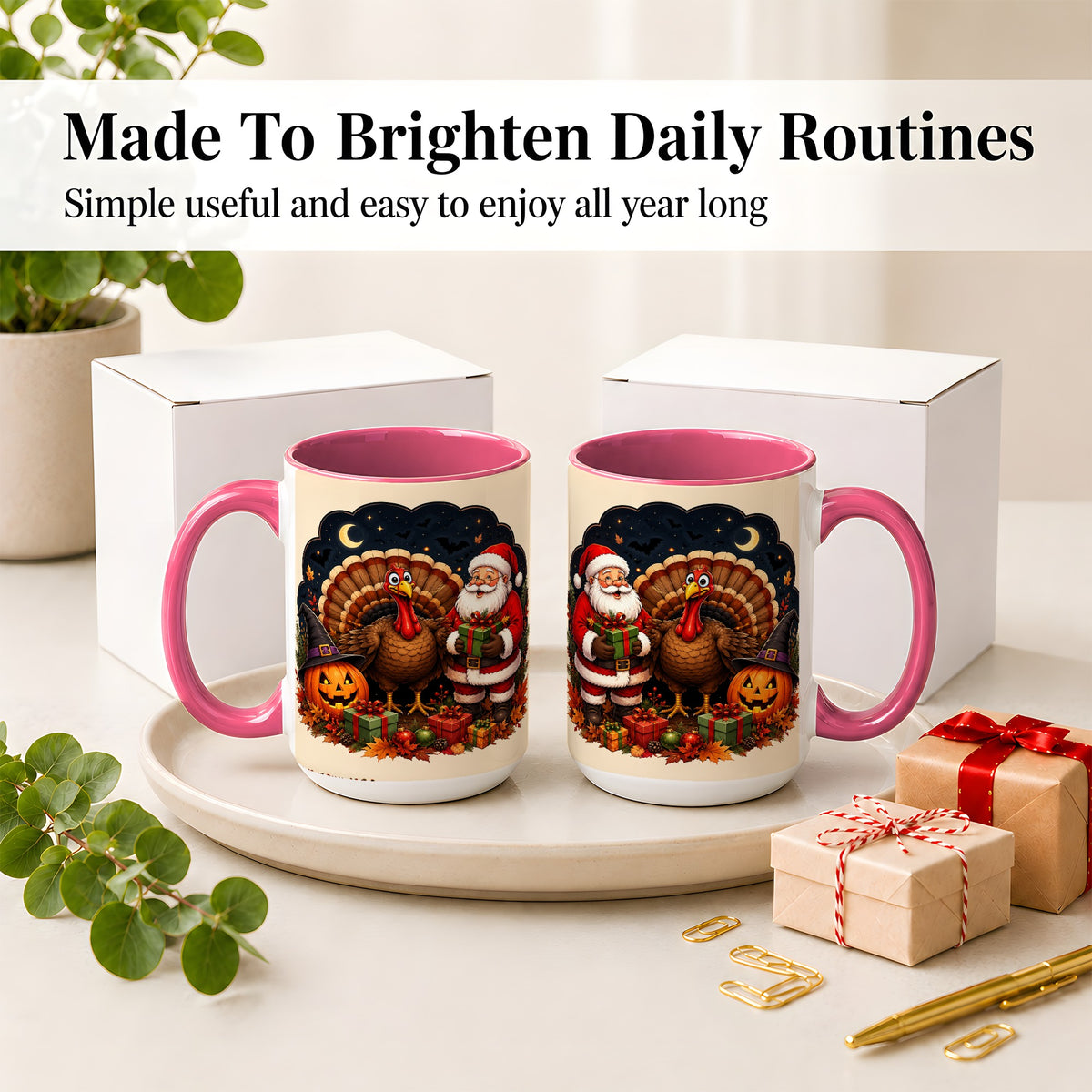 #pl[15oz|Pink] Turkey Santa Halloween Ceramic Mug, Night Holiday Seasonal Art