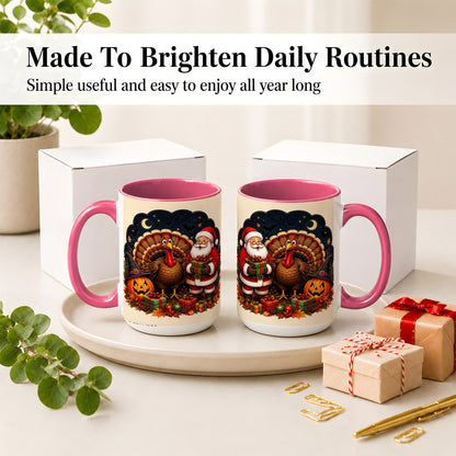 #pl[15oz|Pink] Turkey Santa Halloween Ceramic Mug, Night Holiday Seasonal Art