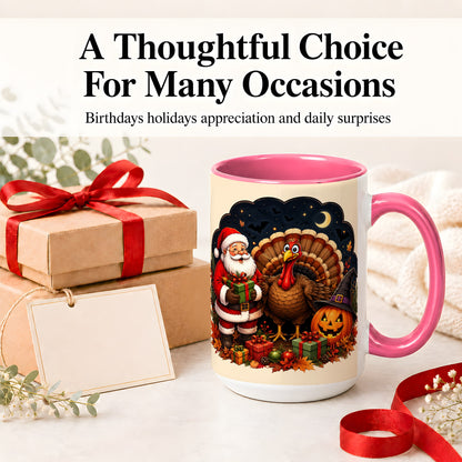 #pl[15oz|Pink] Turkey Santa Halloween Ceramic Mug, Night Holiday Seasonal Art