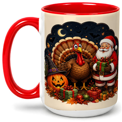 #pl[15oz|Red] Turkey Santa Halloween Ceramic Mug, Night Holiday Seasonal Art