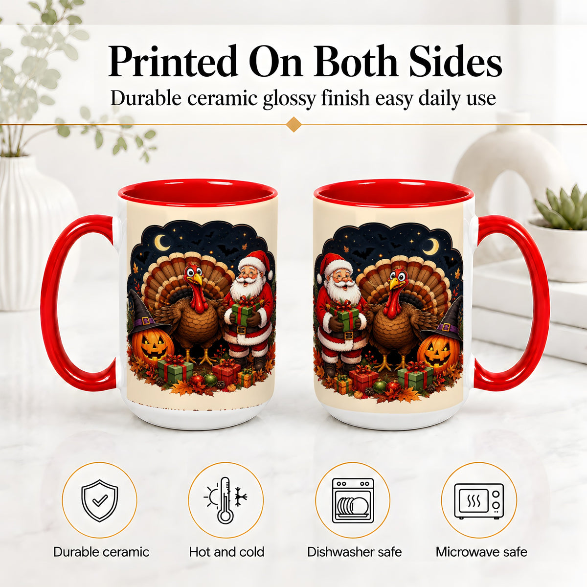 #pl[15oz|Red] Turkey Santa Halloween Ceramic Mug, Night Holiday Seasonal Art
