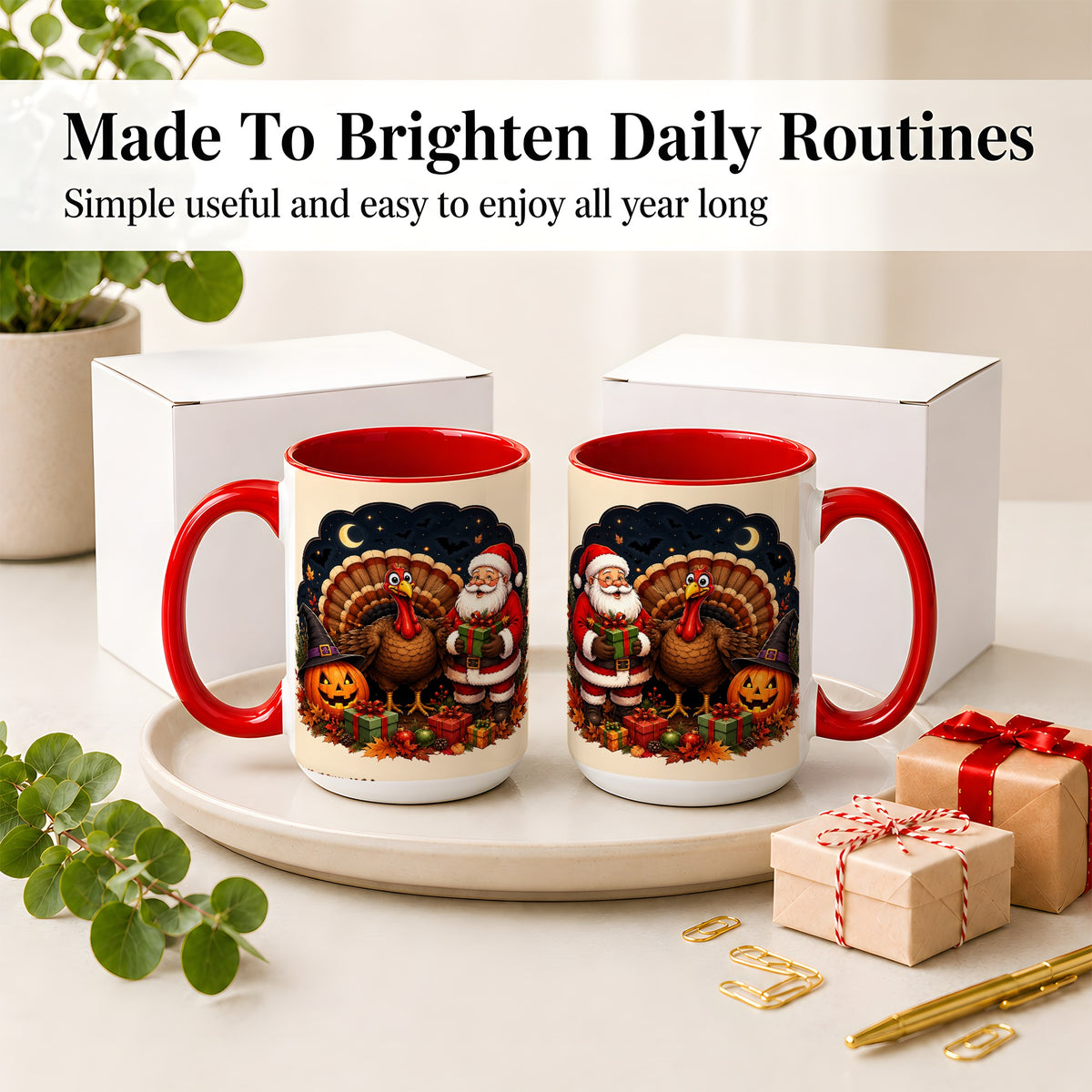 #pl[15oz|Red] Turkey Santa Halloween Ceramic Mug, Night Holiday Seasonal Art