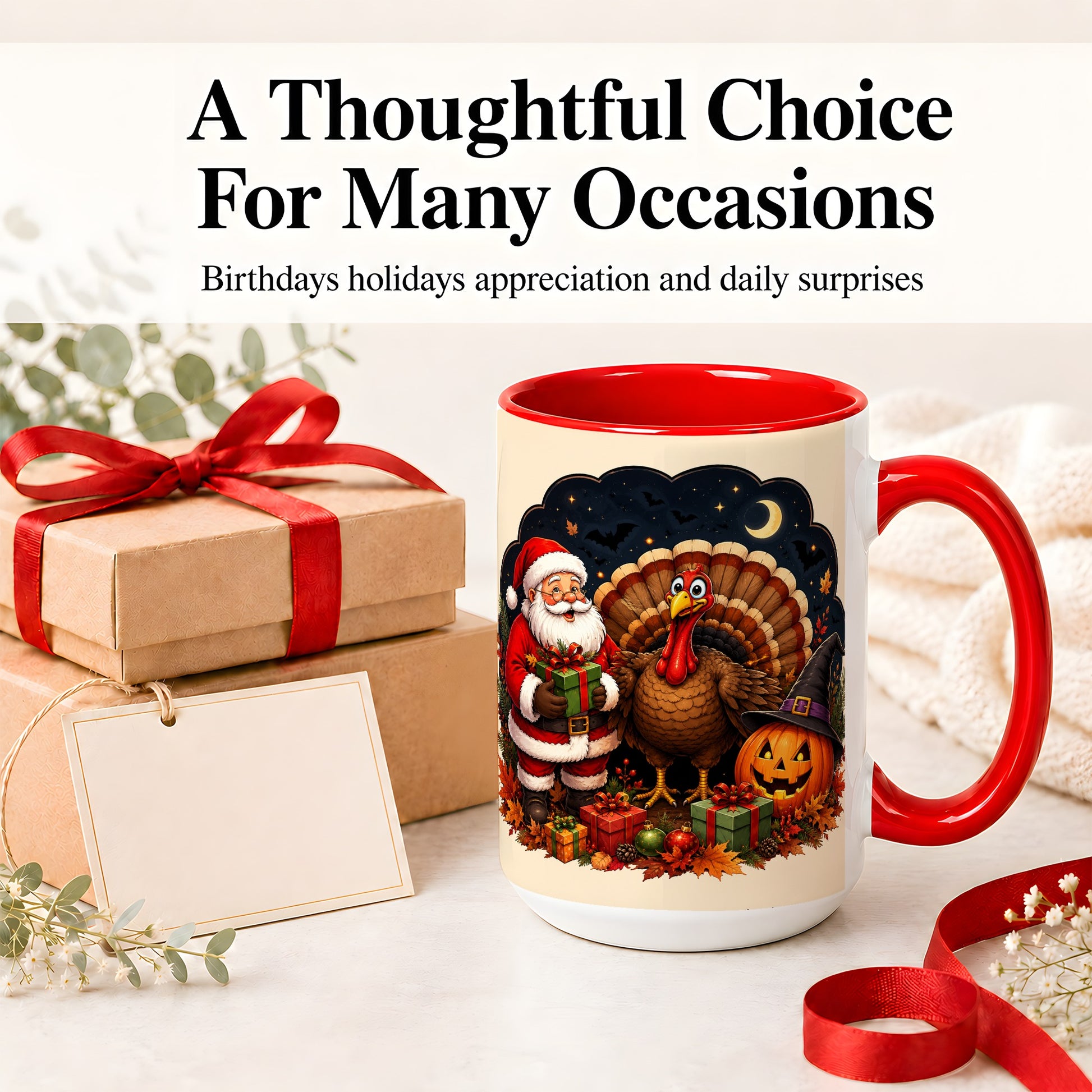 #pl[15oz|Red] Turkey Santa Halloween Ceramic Mug, Night Holiday Seasonal Art