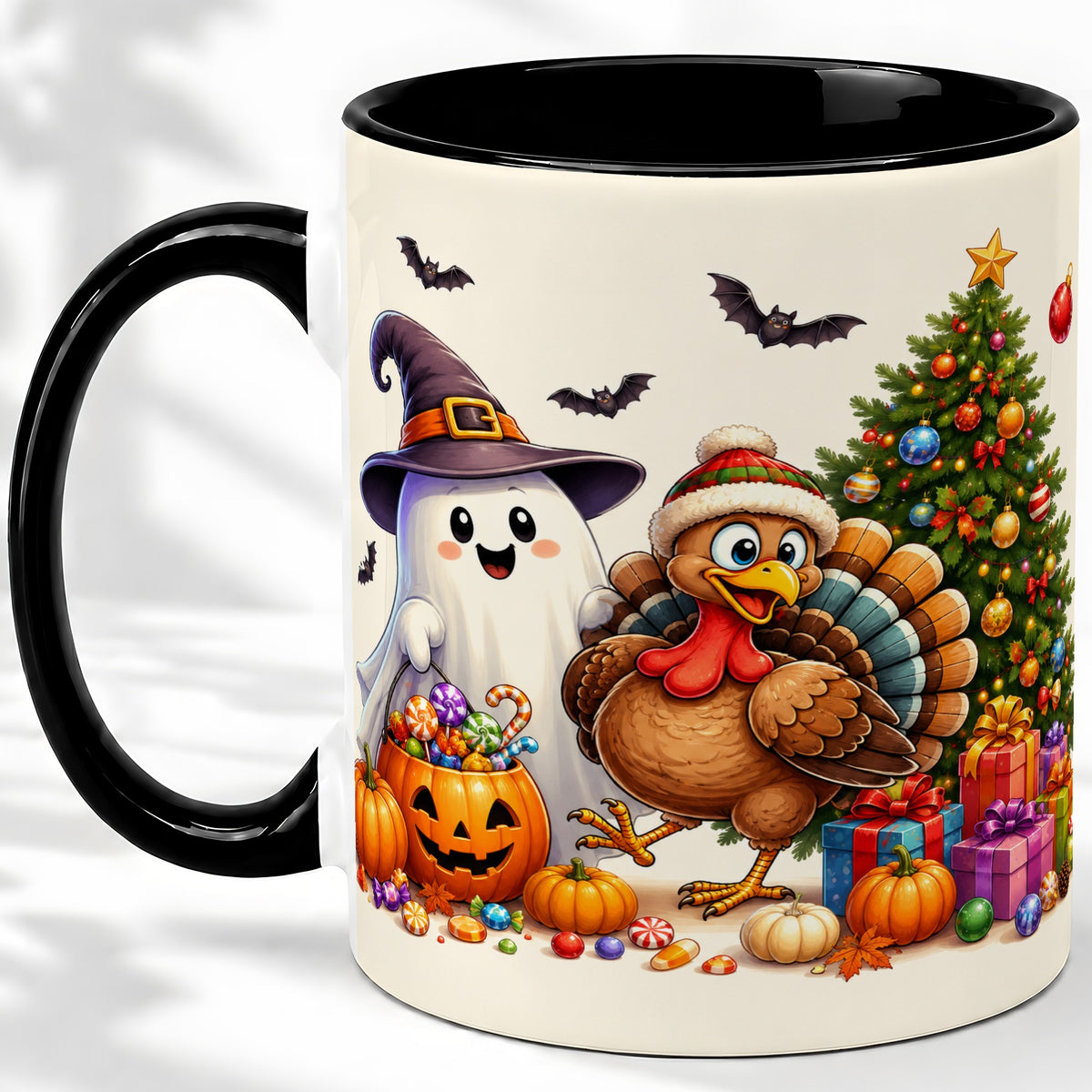 #pl[11oz|Black] Ghost Turkey Christmas Ceramic Mug, Halloween Holiday Seasonal Art
