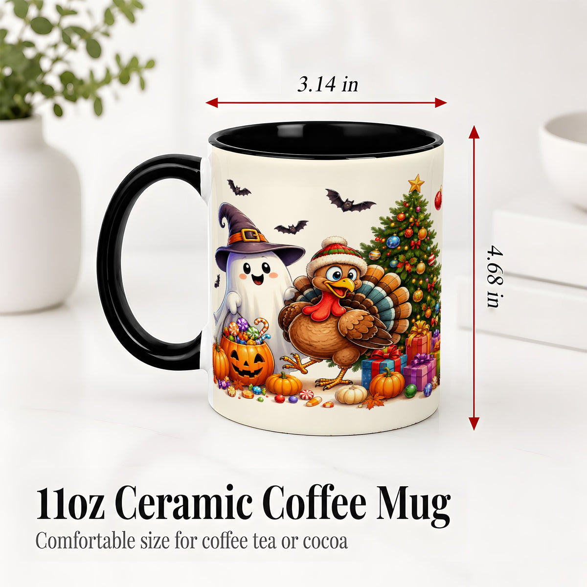#pl[11oz|Black] Ghost Turkey Christmas Ceramic Mug, Halloween Holiday Seasonal Art