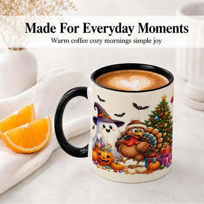 #pl[11oz|Black] Ghost Turkey Christmas Ceramic Mug, Halloween Holiday Seasonal Art