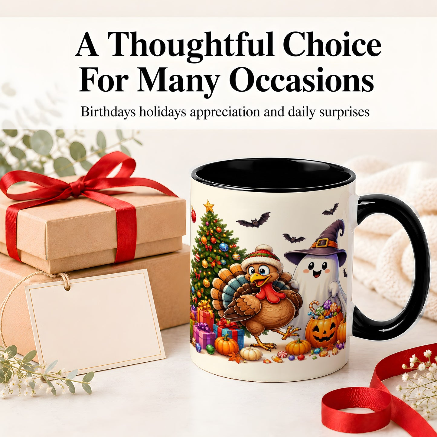#pl[11oz|Black] Ghost Turkey Christmas Ceramic Mug, Halloween Holiday Seasonal Art
