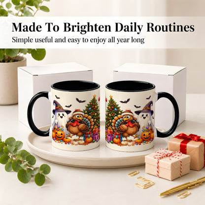 #pl[11oz|Black] Ghost Turkey Christmas Ceramic Mug, Halloween Holiday Seasonal Art