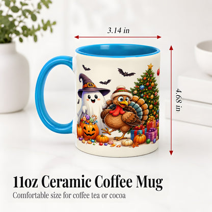 #pl[11oz|Blue] Ghost Turkey Christmas Ceramic Mug, Halloween Holiday Seasonal Art