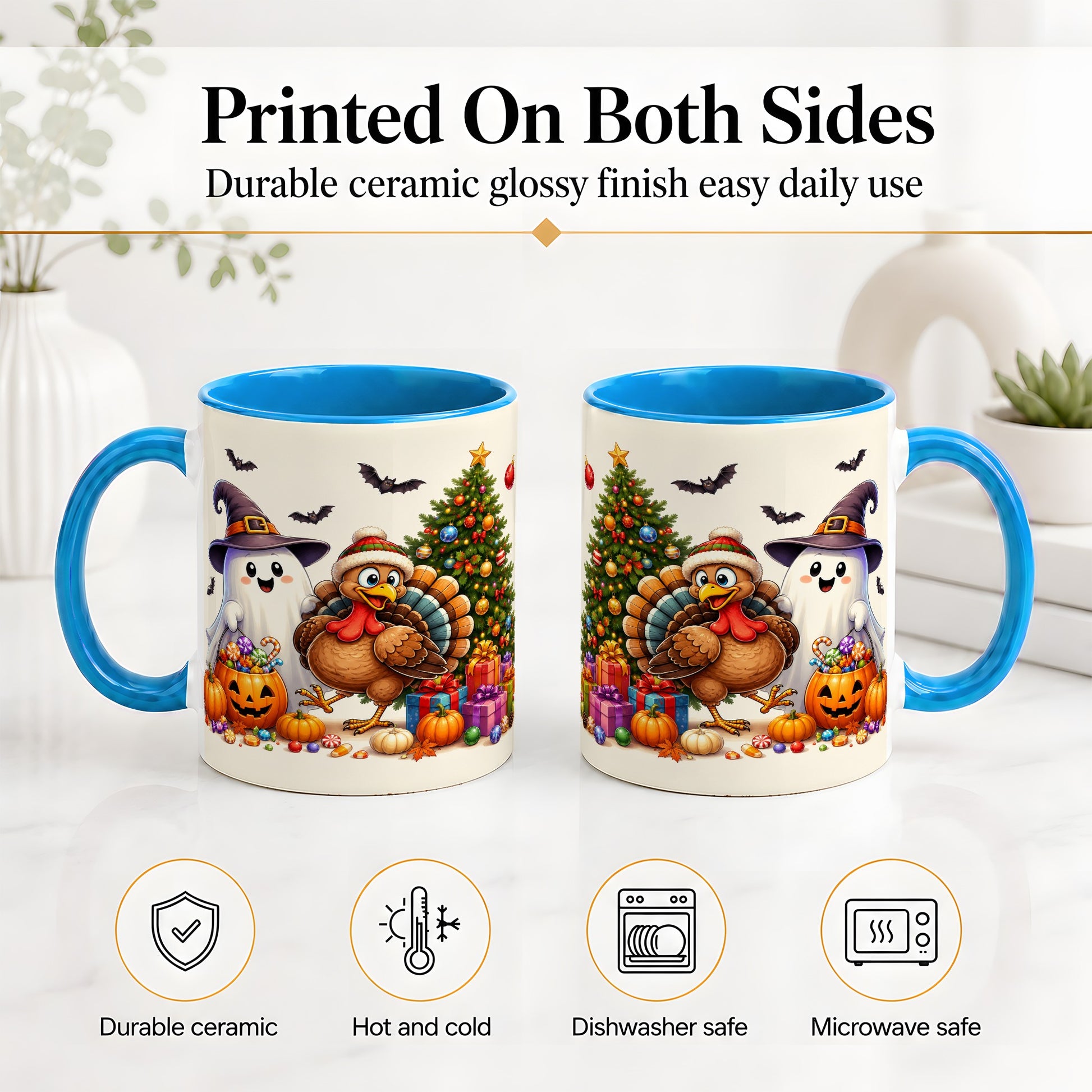 #pl[11oz|Blue] Ghost Turkey Christmas Ceramic Mug, Halloween Holiday Seasonal Art
