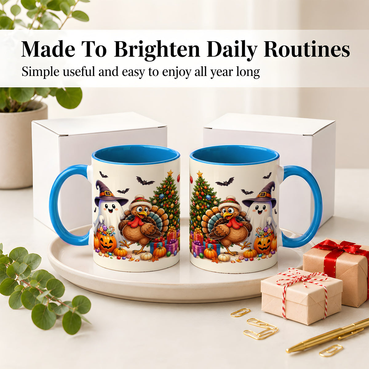 #pl[11oz|Blue] Ghost Turkey Christmas Ceramic Mug, Halloween Holiday Seasonal Art