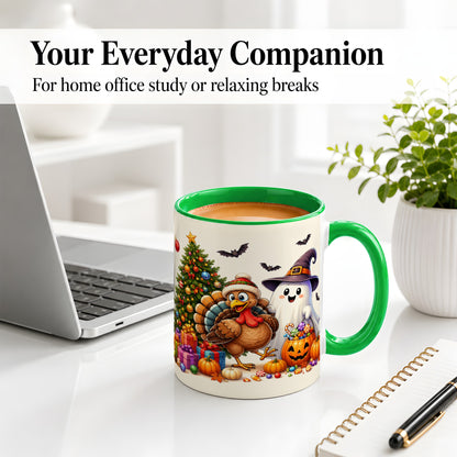 #pl[11oz|Green] Ghost Turkey Christmas Ceramic Mug, Halloween Holiday Seasonal Art