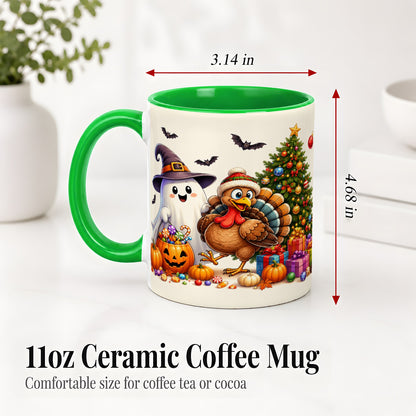 #pl[11oz|Green] Ghost Turkey Christmas Ceramic Mug, Halloween Holiday Seasonal Art