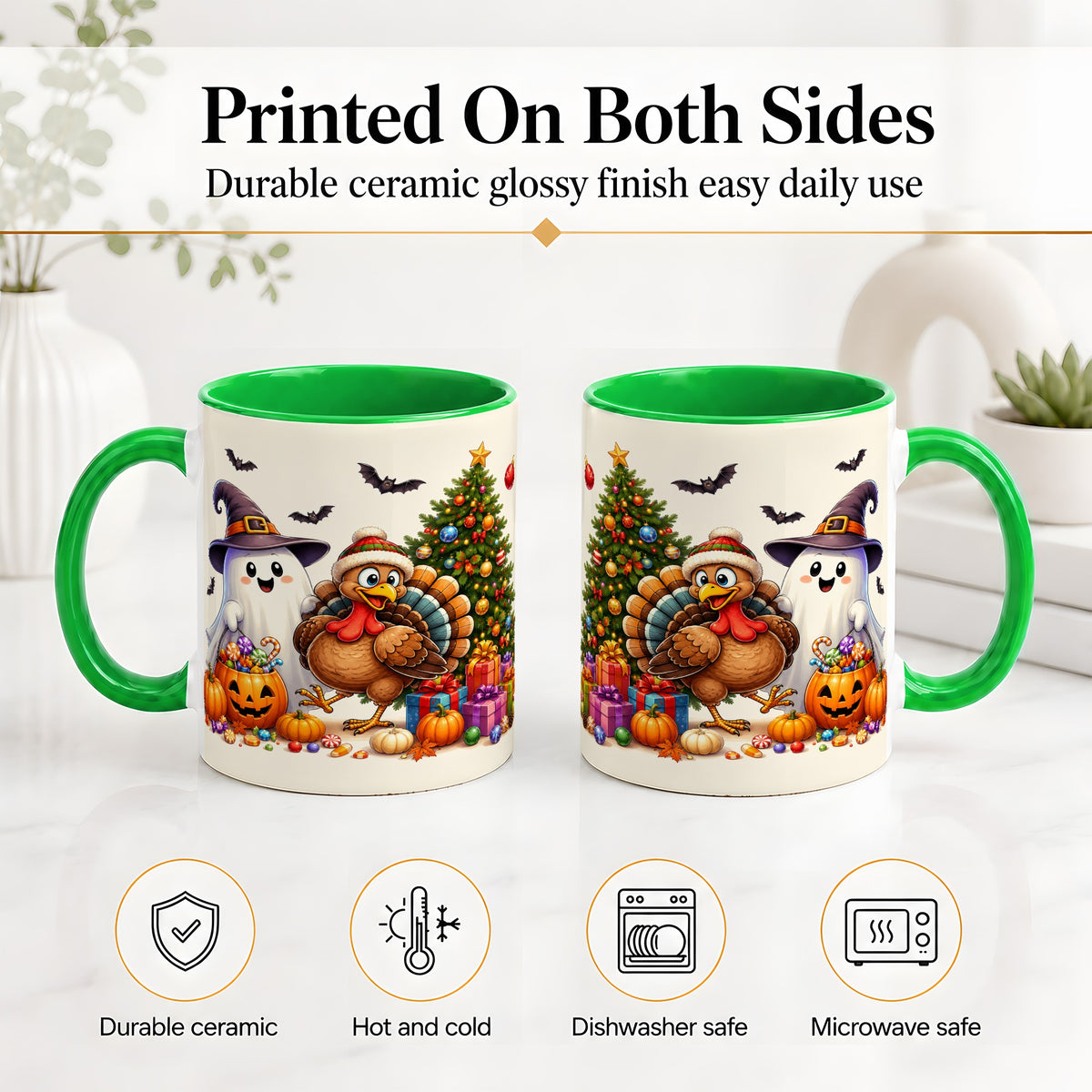 #pl[11oz|Green] Ghost Turkey Christmas Ceramic Mug, Halloween Holiday Seasonal Art