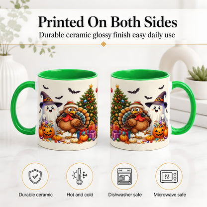 #pl[11oz|Green] Ghost Turkey Christmas Ceramic Mug, Halloween Holiday Seasonal Art