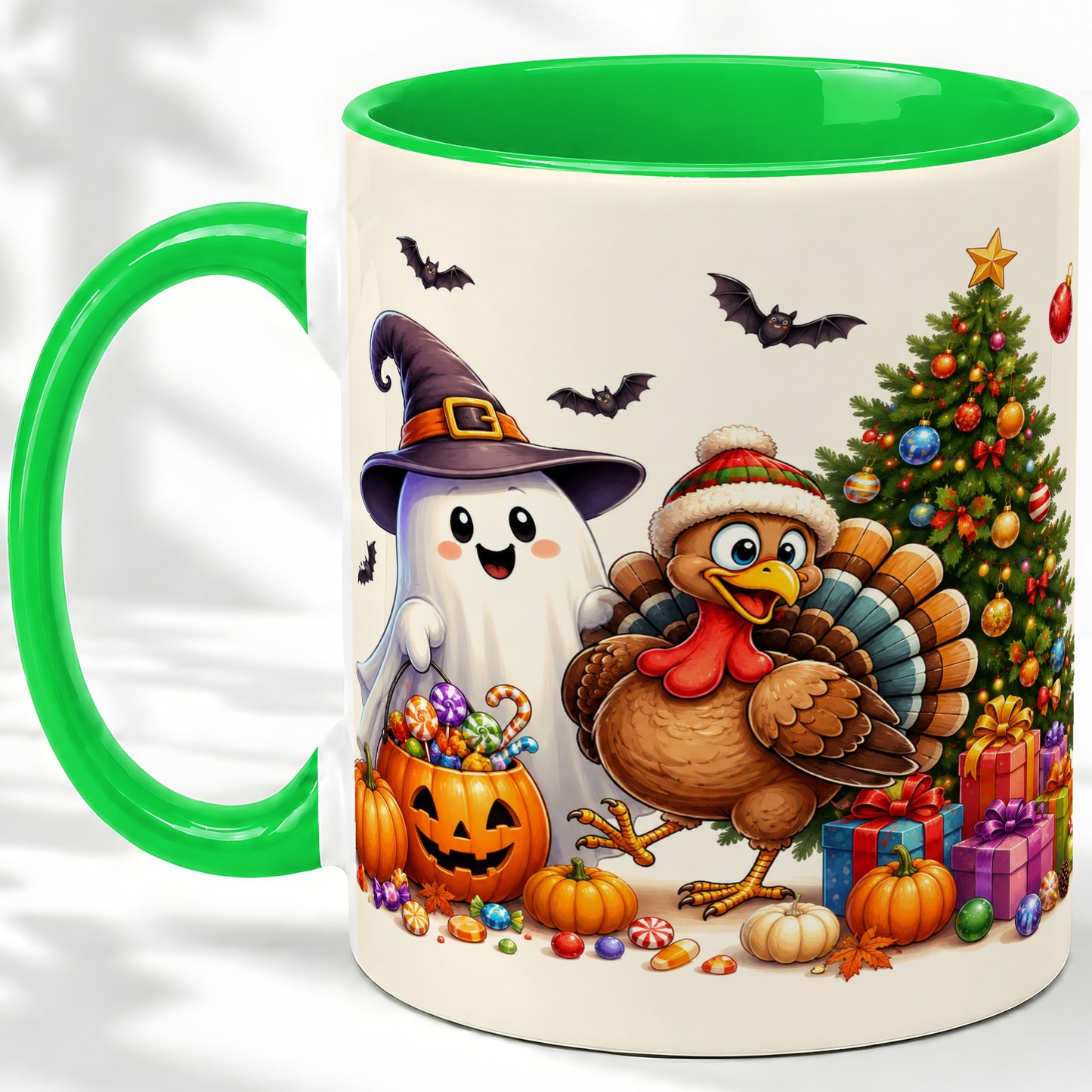 #pl[11oz|Green] Ghost Turkey Christmas Ceramic Mug, Halloween Holiday Seasonal Art