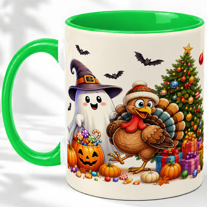 #pl[11oz|Green] Ghost Turkey Christmas Ceramic Mug, Halloween Holiday Seasonal Art