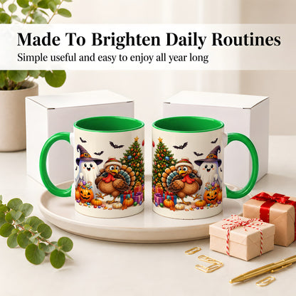 #pl[11oz|Green] Ghost Turkey Christmas Ceramic Mug, Halloween Holiday Seasonal Art
