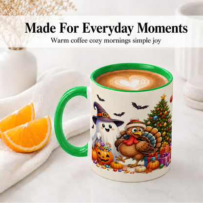 #pl[11oz|Green] Ghost Turkey Christmas Ceramic Mug, Halloween Holiday Seasonal Art