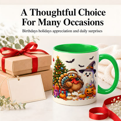 #pl[11oz|Green] Ghost Turkey Christmas Ceramic Mug, Halloween Holiday Seasonal Art