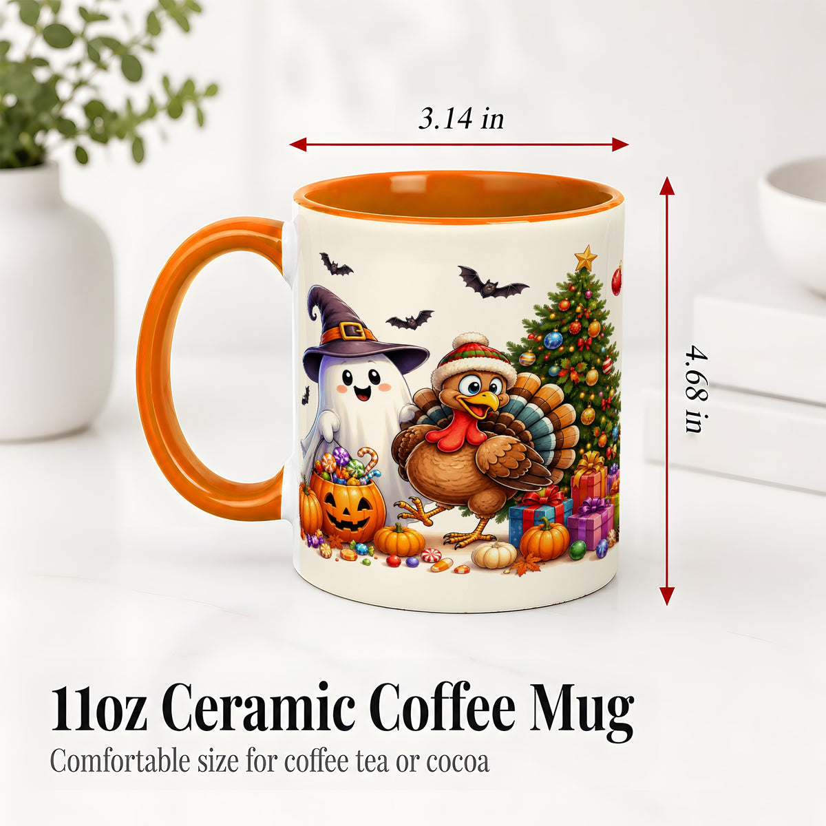#pl[11oz|Orange] Ghost Turkey Christmas Ceramic Mug, Halloween Holiday Seasonal Art