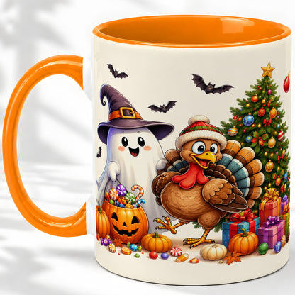 #pl[11oz|Orange] Ghost Turkey Christmas Ceramic Mug, Halloween Holiday Seasonal Art